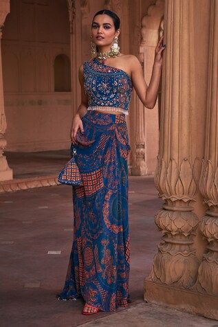 Traditional Banarasi skirt with trendy one-shoulder top – sangeet look