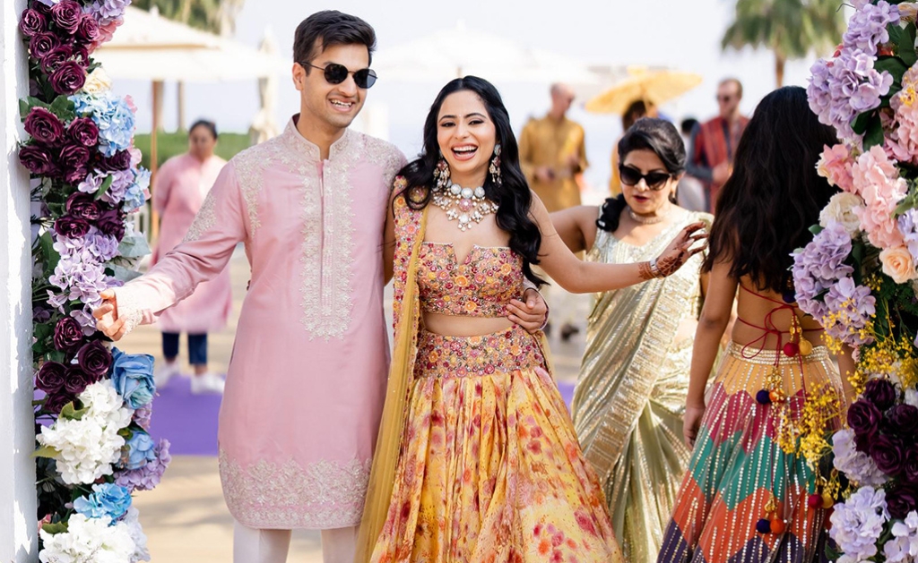 Pastel Haldi Outfit for Modern Couples