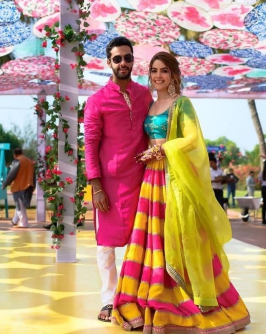 Pink and Yellow Haldi Couple Outfit
