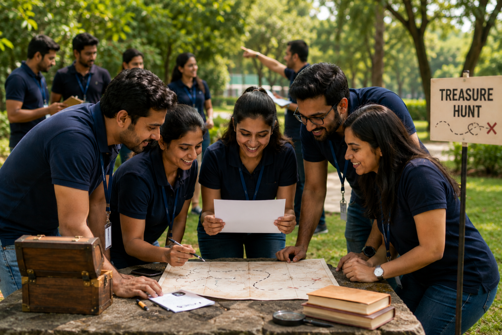 Employees participating in a treasure hunt team building activity during a corporate event