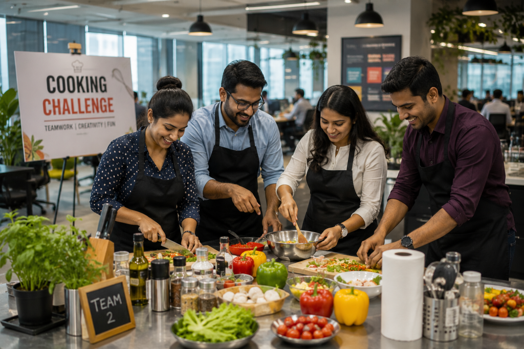 Employees participating in cooking challenge team activity