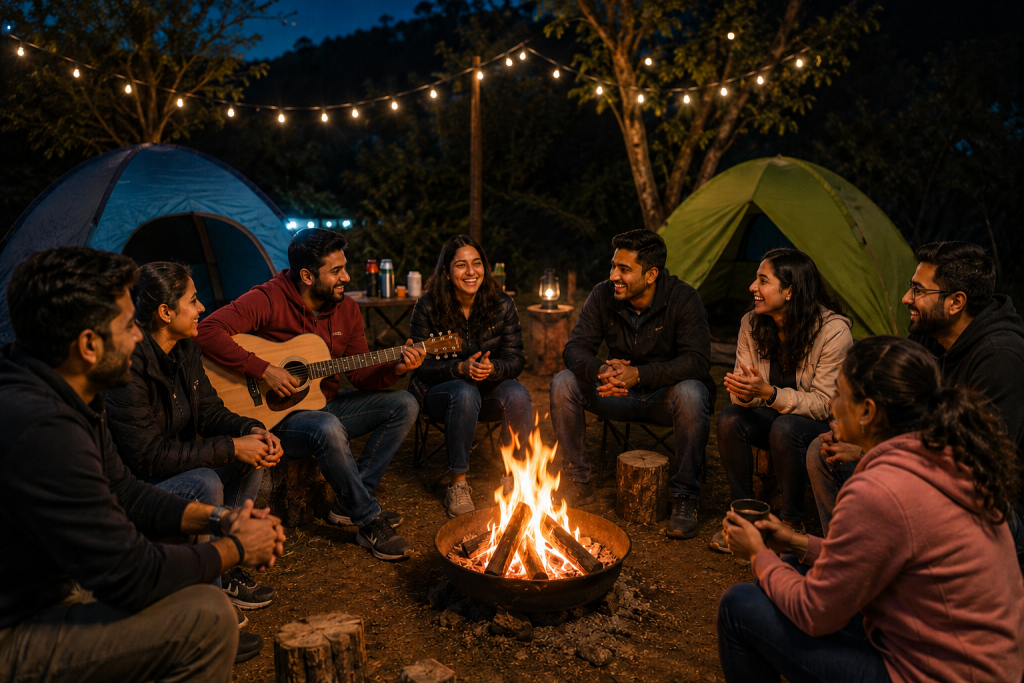 Outdoor camping and bonfire activity for corporate employees