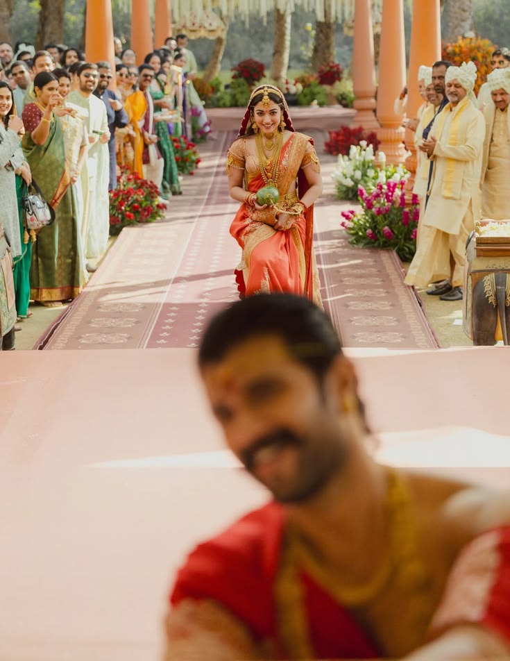 Traditional South Indian Bridal Entry Inspired by Rashmika Mandanna, South Indian bridal entry, traditional bridal entry ideas, saree bridal entry, elegant bridal walk, Indian wedding entry ideas