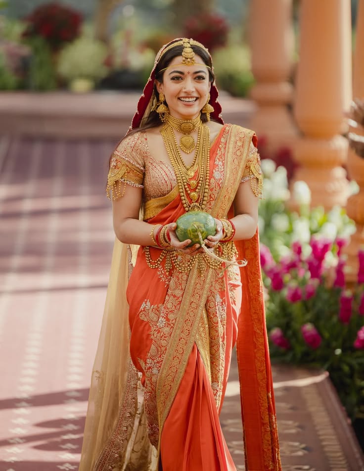 Traditional South Indian Bridal Entry Inspired by Rashmika Mandanna, South Indian bridal entry, traditional bridal entry ideas, saree bridal entry, elegant bridal walk, Indian wedding entry ideas