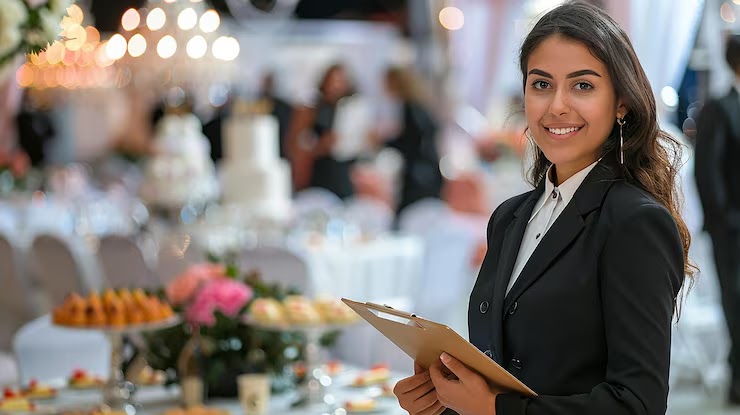 A smiling female event planner holding a clipboard in a beautifully decorated reception venue