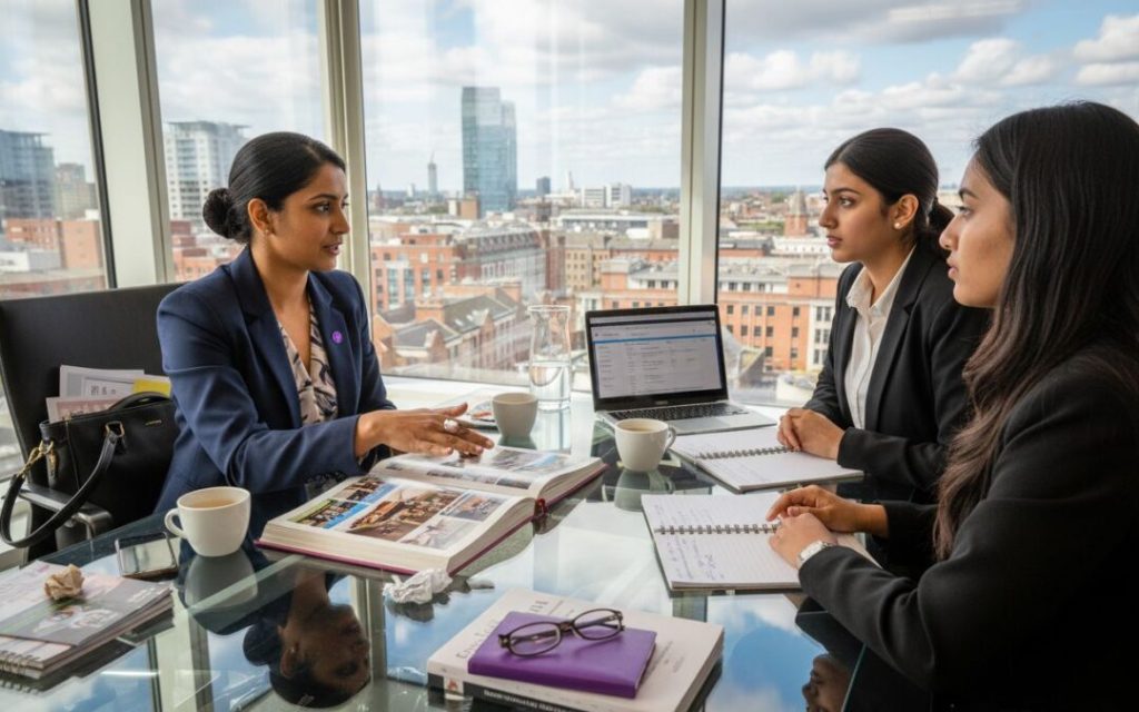 Three professional women discussing business during a meeting in a high-rise office with city views