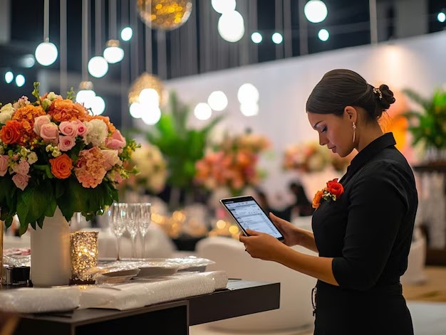 Event vendor reviewing a contract and checklist before booking