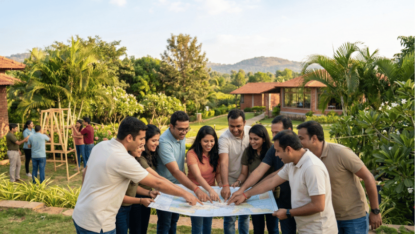 Employees participating in a team activity at a corporate offsite resort venue