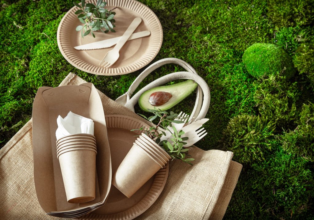 Eco-friendly event items with reusable materials and natural elements