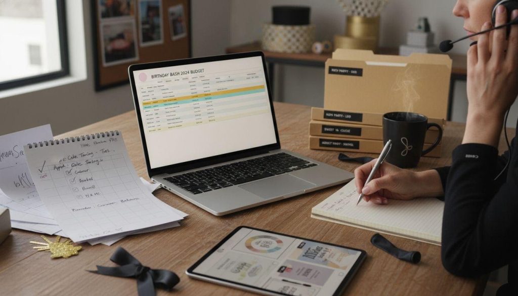 A person reviewing an event budget on a laptop.