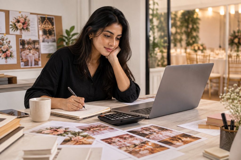 A lady creating a budget for an event