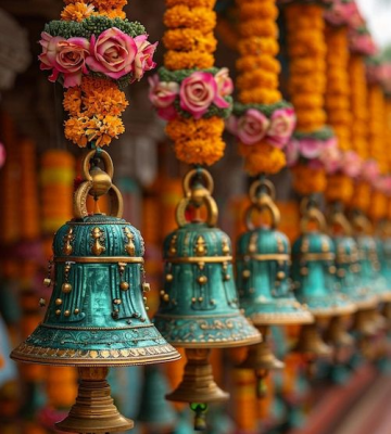 Temple bells and brass lamps for traditional Indian wedding decoration ideas