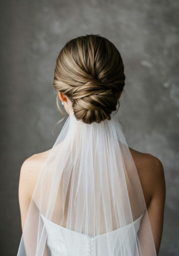 Low bun with centre part and veil – graceful party hair style for girls