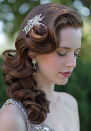 Side-swept curls with hair brooch – stylish party hair style for girls