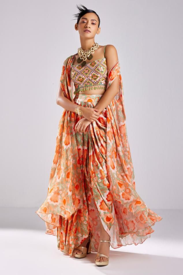Stylish crop top and palazzo with cape sleeves – chic sangeet outfit