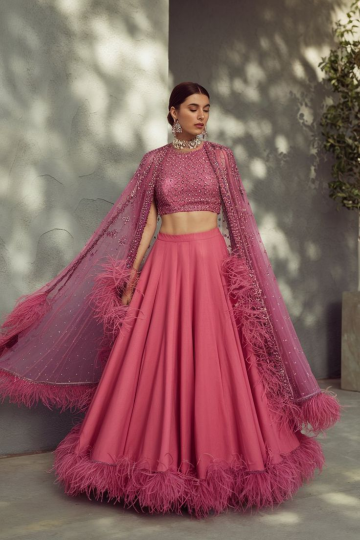 Statement feather-trimmed lehenga set – sangeet-ready attire
